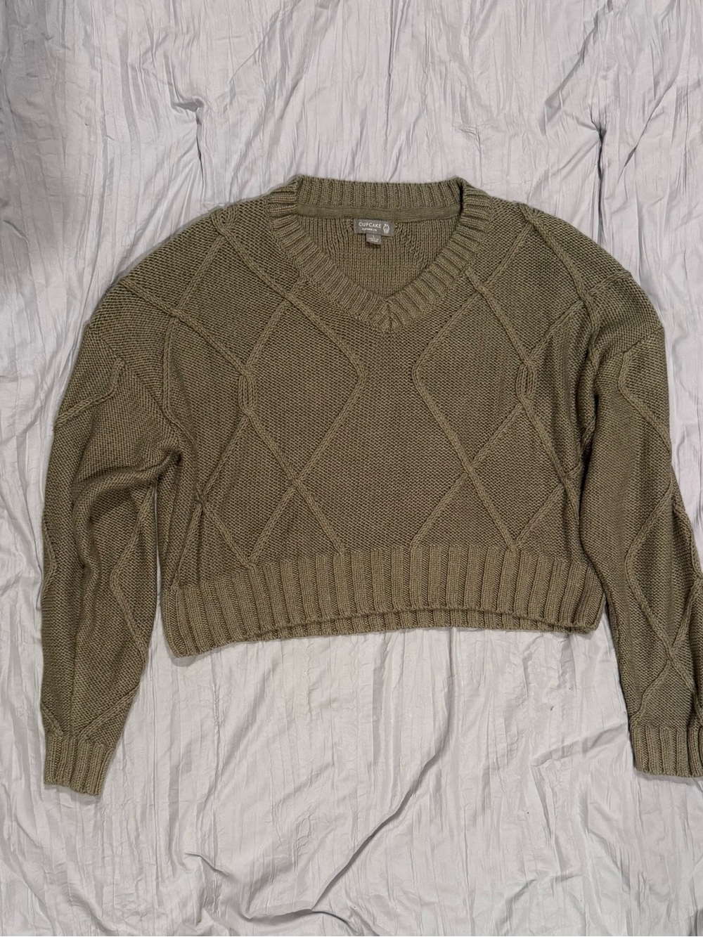 Cropped V-Neck Cable Knit Sweater in Olive by Garage